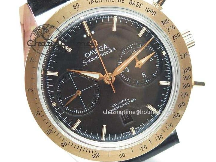 0517 Trendsetting Speedmaster ’57 SS Chrono AXF Best Edition RG Bezel Black Dial on Black Leather Strap A 8283